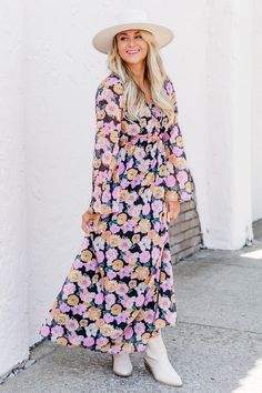 Details Black Multi Floral Long Sleeve Maxi Dress Relaxed fitåÊ V-neck with clasp closure, elastic waistbandåÊ Pair this maxi dress with heels!åÊ LinedåÊ Size small from shoulder to hem: 55" Material and Care 95% polyester 5% elastaneåÊ Machine wash cold, no drum dryingåÊ Patterns may vary Materials may have natural variations Colors may vary from different viewing devices. Spring Multicolor Long Sleeve Floral Dress, Bohemian Floral Print Maxi Dress With 3/4 Sleeves, Long Sleeve Floral Maxi Dress, Long Sleeve Maternity Dress With Floral Print, Multicolor Floral Print Maxi Dress With 3/4 Sleeves, Multicolor Floral Print Maxi Dress, Free Size, Cocktail Dress Wedding Guest, Midi Bridesmaid Dress, Long Sleeve Maxi