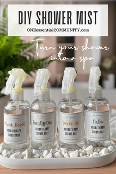 DIY aromatherapy shower mist spray -- easy way to use essential oils to turn shower into spa oasis. Much easier to make and use than shower steamers! a few spritzes of shower mist into a steamy shower can help you wake up, relieve stress, lift your mood, or ease congestion.  free printable labels and 34 shower mist recipes. {eucalyptus shower mist spray, essential oil recipe, self care, DIY shower spray, doTERRA, Young Living, Plant Therapy} Aromatherapy Business Ideas, Diy Bathroom Spray Essential Oils, Shower Spray Diy Daily, Air Wick Essential Mist Refill Diy, Body Mist Recipe, Essential Oil Party, One Essential Community