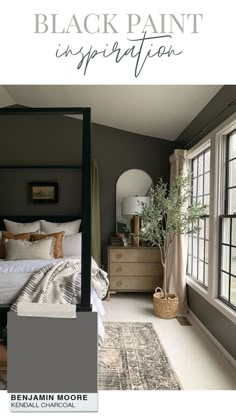 Black Paint Inspiration - Benjamin Moore Kendall Charcoal - Modern Master Bedroom - Primary Bedroom - Charcoal Paint Color Top Black Paint Colors, Exterior House Design Modern, Benjamin Moore Kendall Charcoal, Design Exterior House, Charcoal Bedroom, Black Walls Bedroom, Kendall Charcoal, Bedroom Paint Colors Master