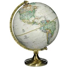 a white and gold globe on a stand with a map in the middle is shown