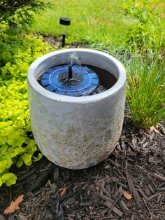 a water fountain in the middle of a garden