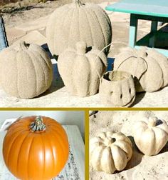 pumpkins made out of sand sitting next to each other