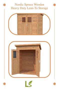 a wooden shed with two doors and one door open to reveal the outside space for storage