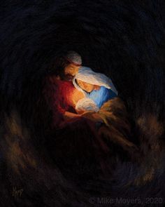 a painting of two people sitting in a dark tunnel with their arms around each other