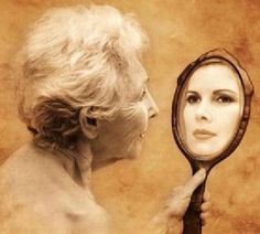 an older woman looking at herself in the mirror with a quote from henry david thor