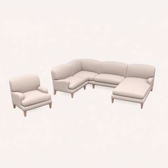 a white couch and chair sitting next to each other on top of a white floor