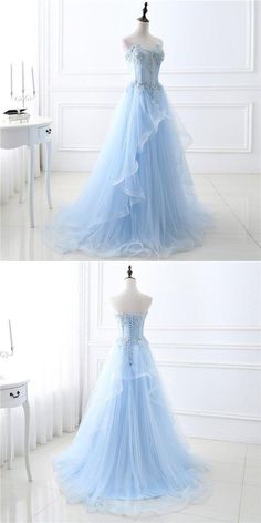 Gaun Tulle, Dresses With Beading, Prom Dress With Train, Prom Dress Black, 파티 드레스, Blue Tulle, Cute Prom Dresses, Beautiful Prom Dresses, Beauty Dress