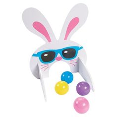 a paper bunny with sunglasses and balls in front of it's ears, blowing bubbles