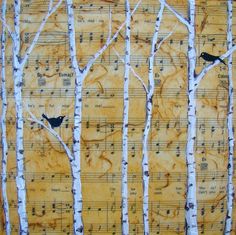 two birds are perched on the branches of trees with music sheets in the foreground