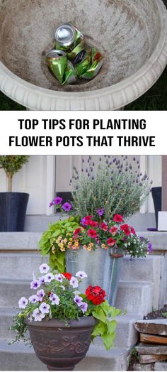 an outdoor fountain with flowers in it and the words top tips for planting flower pots that arrive