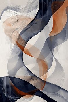 an abstract painting with lines and shapes in grey, orange and blue colors on a white background