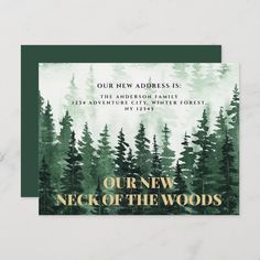 a card with the words, our new address is on it and trees in the background