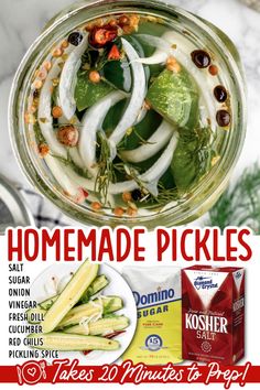 homemade pickles in a mason jar with text overlay that reads, homemade pickles