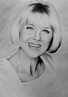 a black and white drawing of a woman with short blonde hair smiling at the camera