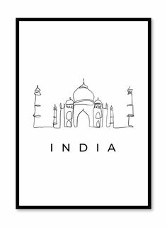 India Typography and line art, Poster | Oppositewall.com India Drawings Ideas, Taj Mahal Tattoo, India Illustration, India Poster, Minimal Travel, India Architecture, Pen Art Drawings, Minimalist Posters