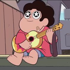 a cartoon character holding a ukulele and looking at the camera