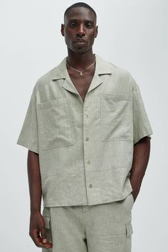 Available In Green, Ice Blue, White, Stone, Oatmeal, Blue and Black Fold Down Collar Front Button Closure Chest Pockets Short Sleeve 55% Linen, 45% Cotton Pair With "Bahamas Linen Cargo Short" Pair With "Bahamas Linen Shorts" Pair With "Bahamas Linen Pants" Imported | Mens Bahamas Linen Cuban Boxy Shirt in Green size Medium by Fashion Nova Shorts And Button Up Shirt Men, Mens Cuban Shirt, Luca Outfits, Linen Men Outfit, Aj Aesthetic, Men Linen Pants, Mens Vacation Outfits, Linen Pants For Men, Sewing Outfits