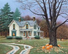 a painting of a house with pumpkins on the ground and trees in front of it