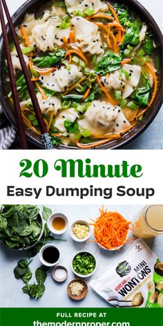 20 minute easy dumpling soup recipe with carrots, broccoli and spinach