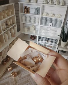 someone is holding up a box with some ornaments in it and there are other boxes on the shelves behind them