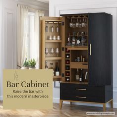 a bar cabinet with the words raise the bar with this modern masterpiece