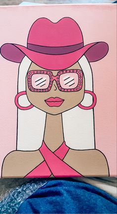 a painting of a woman wearing sunglasses and a pink hat with her hands on her hips