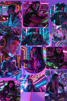 a collage of photos with neon lights and people in the background, all wearing headphones