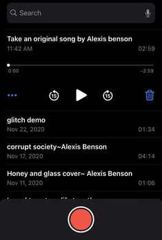 an iphone screen showing the music player's playlist and other options for recording