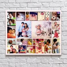 a white brick wall with multiple pictures of babies and children on it's side