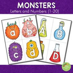 two pictures of monsters with letters and numbers