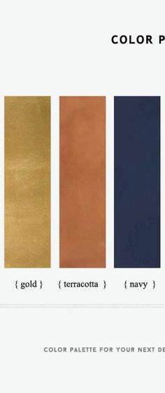 the color palette is gold, terracotta, navy, and copper for your next project