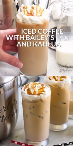 iced coffee with bailey's and kahlua is shown in three different shots