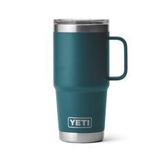 the yeti travel mug is shown in teal