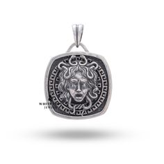 Brand :- White Lion Jewels (WLJ) Metal   :-  Sterling Silver  Total Weight  :- 12 - 13 Grams Approx  Size     :- 28 mm / 2.8 cm / 1.08 Inch Finish  :-   Oxidized  Bail for up to 5.00 mm chain We offer customization on each product. We also make products of your choice if you would like to make any changes to be made on a particular product of ours for example. Studding different gemstones, changing metal color, changing in design, etc. We can also manufacture personalized products if you like an Greek Mythology Pandora, Pandora Greek, Luxury Mythological Pendant Necklace, Sterling Silver Mythological Pendant Necklace, Instagram White, Silver Gifts, Fine Jewellery Necklace, Personalized Products, 925 Silver