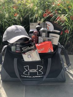 a duffel bag filled with personal care items