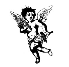 a black and white drawing of a man with wings holding a radio in his hand