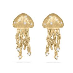 14K Yellow Gold Jellyfish Stud Earrings with 0.13 Carats (total weight) of Diamonds. The earrings measure approximately 15/16" in length. Marine Life Jewelry, Under The Sea Jewelry, Gold Jellyfish, Sea Life Jewelry, Yellow Accessories, Gold Girl, Jewelry Accessories Ideas, Chunky Jewelry, Jewelry Lookbook