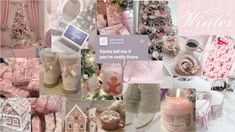 a collage of pink and white christmas decorations