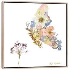 an art print with flowers and butterflies on the back ground, in front of a white background