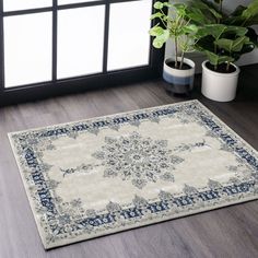 a white rug with blue accents in front of a window and potted plant on the floor