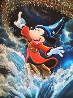 a painting of mickey mouse on top of a wave