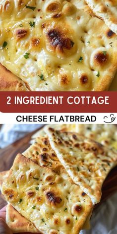 two ingredient cottage cheese flatbreads on a wooden cutting board with text overlay that reads, 2 ingredient cottage cheese flatbread