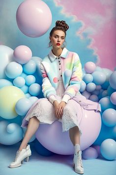 a woman sitting on top of a ballon filled with balls and balloons in front of a blue background