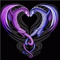 two blue and black dragon in the shape of a heart on a black background photo