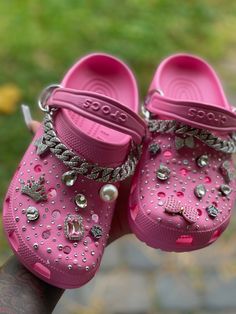 Adult bling crocs include croc color of your choice and Blinged to your want. Decorated Crocs Shoes Bling, Pink Crocs Aesthetic, Croc Design Ideas, Crocs Decorations, Charm Socks, Blinged Out Crocs, Hot Pink Crocs, Blue Bape Hoodie, Croc Decor