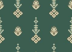 a green background with white and beige designs