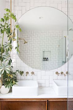 a bathroom with a mirror, sink and plants on the counter in front of it