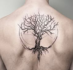 a man's back with a tree tattoo on his upper and lower back area