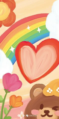 a painting of a teddy bear with a heart and flowers in front of a rainbow