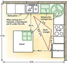 the kitchen floor plan is shown with measurements